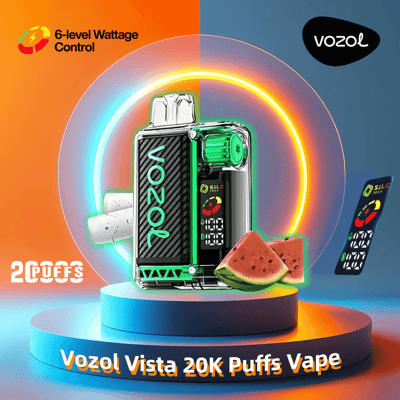 Ein Werbebild für den Vozol Vista 20K Puffs Vape mit einem grün-schwarzen Vape-Gerät mit 6-stufiger Wattregelung, das auf einem farbenfrohen kreisförmigen Hintergrund neben Wassermelonenscheiben angezeigt wird, um den Geschmack anzudeuten.
