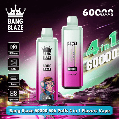 Promotional image showcasing Bang Blaze 60000 Puff Vape with 4 flavor options, digital display, and pink vaporizer designs against a dynamic backdrop.