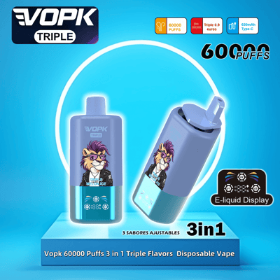 Immagine promozionale che mostra la sigaretta elettronica usa e getta VOPK Triple 3 in 1 con 60.000 tiri, dotata di tripli aromi regolabili, display per e-liquid e grafica di un leone in stile cartone animato sul dispositivo.