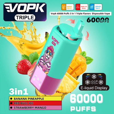 Promotional image of a VOPK Triple disposable vape showcasing 60000 puffs, colorful design, e-liquid display, and three flavors: Banana Pineapple, Red Bull Ice, and Strawberry Mango, with vibrant fruit illustrations in the background.