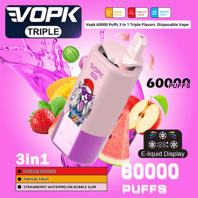 Advertisement for VOPK Triple disposable vape, highlighting 60,000 puffs capacity, triple flavors including Double Apple Ice, Tropical Fruit, and Strawberry Watermelon Bubble Gum, with a colorful design against a vibrant pink background.