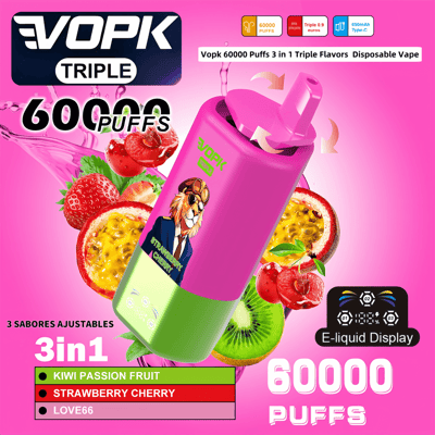 Promotional image of the VOPK TRIPLE 60000 Puffs disposable vape featuring a bold pink and green design, a lion in aviator attire illustration, text highlighting three adjustable flavors (Kiwi Passion Fruit, Strawberry Cherry, and Love66), and emphasizing key features like large puff capacity and e-liquid display.