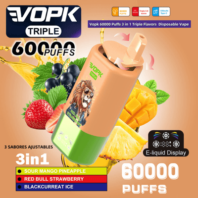 Promotional image of VOPK Triple Disposable Vape, featuring 60,000 puffs, three switchable flavors including Sour Mango Pineapple, Red Bull Strawberry, and Blackcurrant Ice, and E-liquid Display technology.