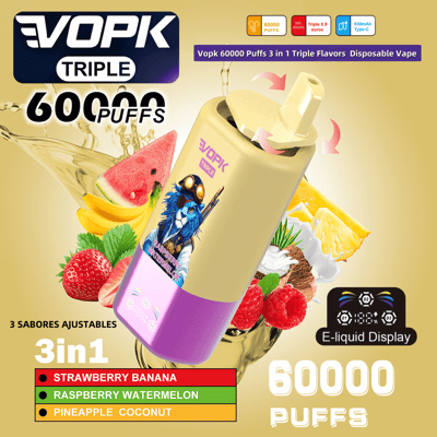 Promotional image of the VOPK Triple disposable vape with 60,000 puffs, featuring adjustable three-in-one flavors: Strawberry Banana, Raspberry Watermelon, and Pineapple Coconut, with an illustration of a blue character on the device and details about its E-liquid display and Type-C charging.