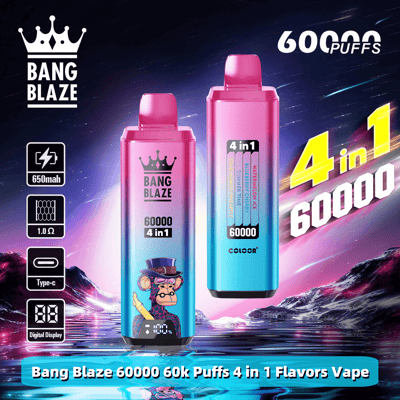 An advertisement showcasing two Bang Blaze 60000 4-in-1 vape devices with vibrant pink and blue designs, flavor details displayed, and technical specifications like 650mAh battery and Type-C charging outlined. Background features a neon galaxy theme.