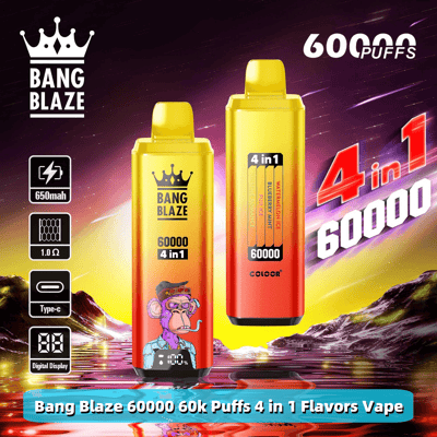 Promotional image for Bang Blaze vape featuring two yellow and red devices with a capacity of 60,000 puffs and four flavors, including watermelon ice and blueberry mint, with specifications like 650mAh battery and digital display highlighted.