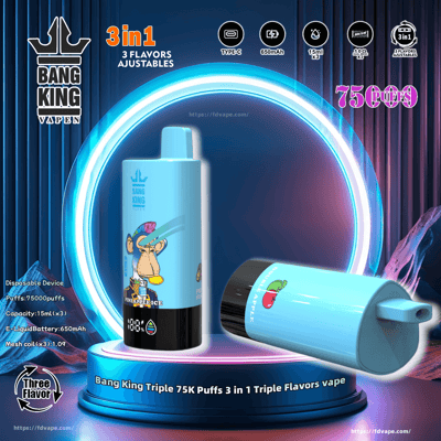 Immagine promozionale del vaporizzatore usa e getta Bang King Triple 75K Puffs 3-in-1 Triple Flavor, con confezione blu ed elementi grafici artistici su uno sfondo illuminato di blu e viola.