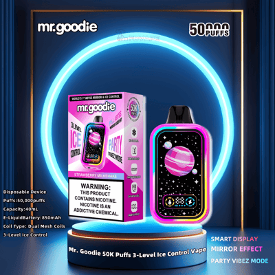 Mr. Goodie 50K Puffs 3-Level Ice Control Vape with strawberry milkshake flavor, featuring smart display, mirror effect, and Party Vibez mode, with its packaging highlighting 50,000 puffs, 40mL capacity, and nicotine warning.