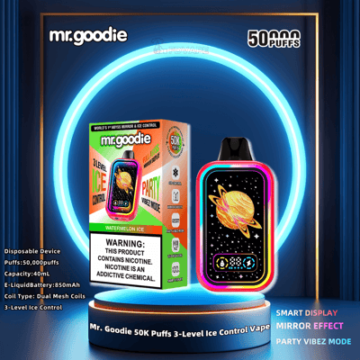 Promotional image for Mr. Goodie 50,000 Puffs disposable vape featuring 3-level ice control and a mirrored display, highlighting Watermelon Ice flavor with vibrant neon accents and a space-themed design.