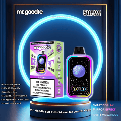 Promotional image of Mr. Goodie disposable vape device featuring a colorful design and packaging, highlighting key features such as 50,000 puffs capacity, dual mesh coils, 3-Level Ice Control, and Party Vibez Mode.
