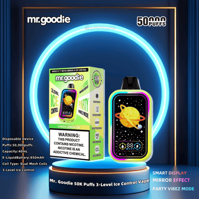 A Mr. Goodie branded disposable vape featuring "50,000 puffs" advertised on the packaging, with details about its 3-level ice control and Party Vibez mode, set against a futuristic glowing backdrop.