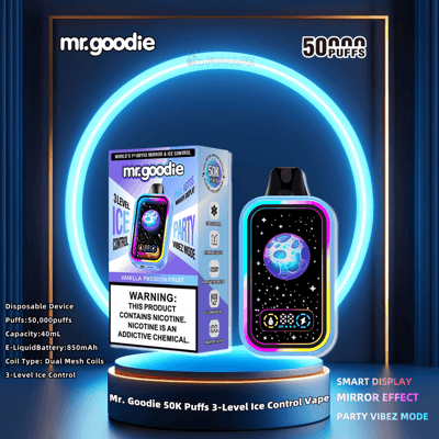 Promotional image of the Mr. Goodie disposable vape device, featuring a colorful design and packaging highlighting "50,000 puffs," "3-Level Ice Control," and "Party Vibez Mode," with a warning about nicotine content.