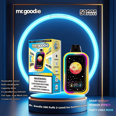 Image of Mr. Goodie brand disposable vape displaying features like 50,000 puffs, blood orange ice flavor, smart display, mirror effect, and party vibez mode, depicted alongside product packaging with vibrant design elements and warning about nicotine content.