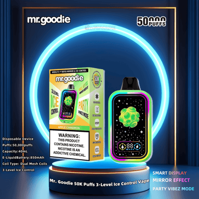 Image of Mr. Goodie 50K Puffs 3-Level Ice Control disposable vape in apple cinnamon flavor, showcasing smart display, mirror effect, and party vibez mode against a neon blue circular backdrop, emphasizing its nicotine content warning and features like 40ml e-liquid capacity and dual mesh coils.
