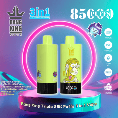 Imagem promocional do vape Bang King, exibindo um dispositivo descartável que oferece 85.000 tragadas com sabores triplos ajustáveis, com opções de manga, pêssego, menta e frutas vermelhas, e gelo, destacado por um fundo neon e especificações detalhadas de sua capacidade de 21 ml, bateria de 600 mAh e compatibilidade de carregamento Tipo C.