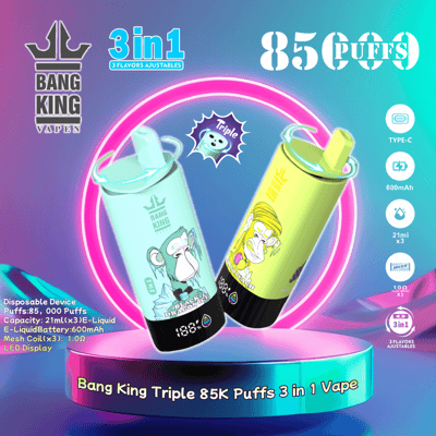 Imagem promocional mostrando dois dispositivos Bang King Triple 85K Puffs 3 em 1 Vape, cada um com designs ilustrados de macacos, cercados por especificações do produto e uma estética iluminada por neon.