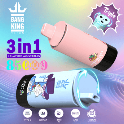 Imagem promocional do Bang King Vapen apresentando os dispositivos vape descartáveis 3 em 1 nas variantes rosa e azul, destacando 8.500 tragadas, sabores triplos ajustáveis e ícones técnicos exibindo carregamento tipo C e capacidade de líquido.