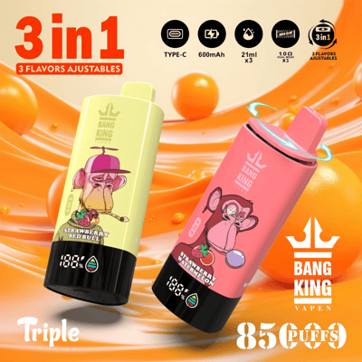 Imagem promocional dos dispositivos de vaporização Bang King, exibindo dois dispositivos coloridos e listando recursos como "3 sabores ajustáveis", "600 mAh" e "85.000 tragadas", contra um fundo laranja vibrante.