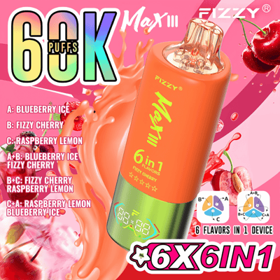 Affiche promotionnelle présentant un appareil de vapotage orange, baptisé « Fizzy Max III », offrant 6 saveurs en 1 et 6 000 bouffées. À gauche, les saveurs sont : Myrtille glacée, Cerise pétillante et Citron framboise. L'arrière-plan présente des touches de liquides vibrants et de cerises.