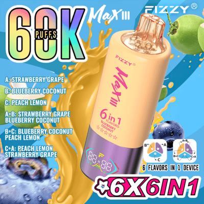 Publicité montrant un appareil de vapotage Fizzy Max III 6-en-1 offrant 60 000 bouffées aux saveurs Fraise Raisin, Myrtille Noix de Coco et Pêche Citron, affiché sur un fond éclaboussé coloré.