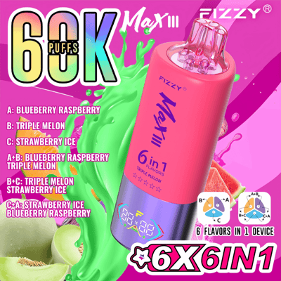 Image promotionnelle pour l'appareil de vapotage jetable Fizzy Max III 6 en 1, avec une marque colorée, des illustrations au néon de saveurs telles que la myrtille, la framboise, le melon et la fraise, et un texte mettant en évidence 60 000 bouffées et des options de saveurs combinées.