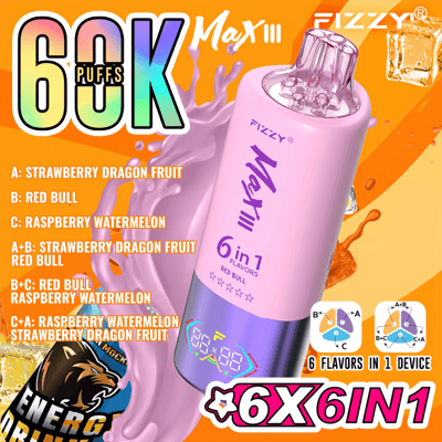 Graphique promotionnel pour l'appareil de vapotage « Fizzy Max III », mettant en valeur un appareil rose avec six saveurs interchangeables et une capacité de 6 000 bouffées, sur un fond orange.