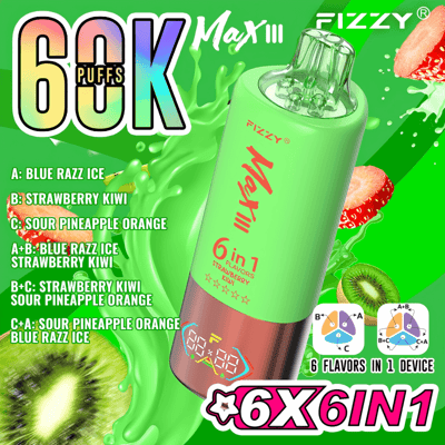 Une image promotionnelle pour le Fizzy Max III, un appareil de vapotage offrant 60 000 bouffées avec six saveurs, affichée sur un fond vert vif avec des illustrations de fruits.