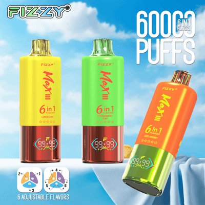 Publicité pour les appareils de vapotage jetables FIZZY Max 11 comprenant trois unités colorées avec 6 000 bouffées et six saveurs réglables affichées sur un fond de ciel bleu.