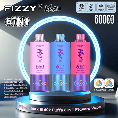 Une image promotionnelle présentant les appareils de vapotage aromatisés Fizzy Max III 6 en 1 avec des options de saveurs réglables, 60 000 bouffées et des écrans LED.