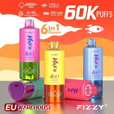 Image promotionnelle des vapes jetables Fizzy Max 6 en 1 présentant des designs colorés et des fonctionnalités telles que 60 000 bouffées, une capacité d'e-liquide de 60 ml, une batterie rechargeable de type C de 850 mAh et des saveurs telles que la glace à la myrtille, le citron vert et la pêche à la mangue, étiquetées « EU Warehouse ».