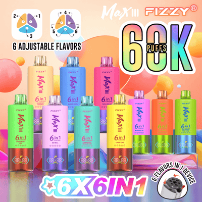 Image promotionnelle pour les appareils de vapotage Fizzy Max III 6 en 1 comprenant des appareils colorés avec des réglages de saveur réglables et une capacité de 60 000 bouffées par appareil.