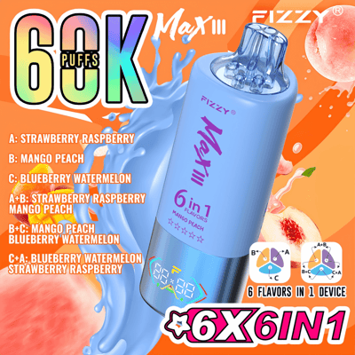 Image promotionnelle pour l'appareil Fizzy Max III, mettant en valeur sa capacité de 60 000 bouffées et ses combinaisons de saveurs 6 en 1, présentant un appareil bleu sur fond orange avec des graphismes de mangue et de pêche.