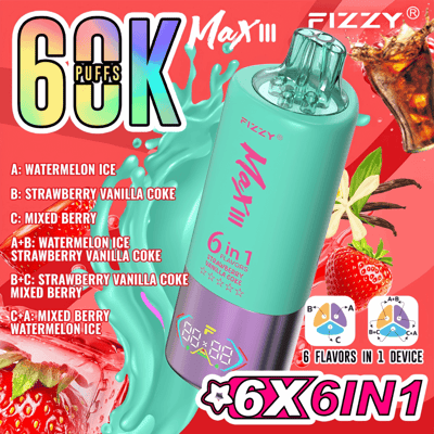 Graphique promotionnel pour l'appareil FIZZY Max III présentant ses options de saveurs 6 en 1, y compris des mélanges comme Watermelon Ice et Strawberry Vanilla Coke, avec un fond rouge vif mettant en vedette des images de fraises, de vanille et de soda.