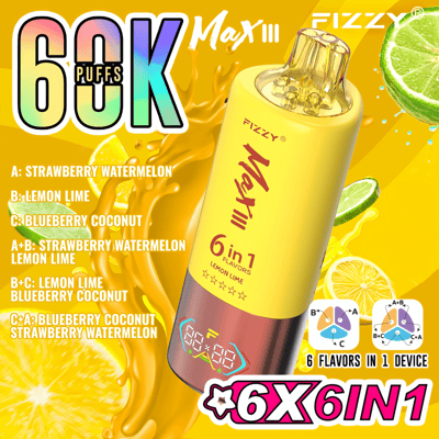 Image promotionnelle pour la vape jetable Fizzy Max III, offrant 60 000 bouffées avec six options de saveurs affichées, dont Fraise Pastèque et Citron Vert, sur un fond jaune avec des éléments d'agrumes et tropicaux.