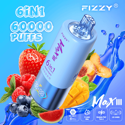 Une image promotionnelle pour l'appareil électronique FIZZY Max III, mettant en valeur ses fonctionnalités telles que la capacité 6 en 1, 60 000 bouffées et plusieurs motifs sur le thème des fruits dans un fond bleu vif et orné de fruits.