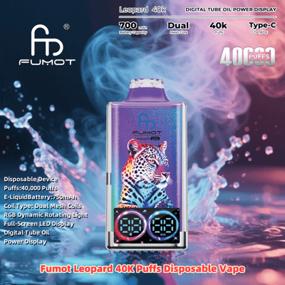 Image promotionnelle colorée pour une vape jetable Fumot Leopard 40K Puffs dotée d'un affichage numérique et d'un design léopard vibrant, mettant en valeur des fonctionnalités telles que 40 000 bouffées, une capacité de batterie de 700 mAh, des bobines à double maille et une charge de type C.