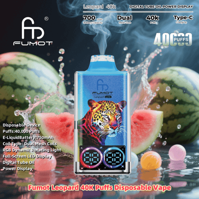 Image promotionnelle pour la vape jetable Fumot Leopard 40K Puffs, avec un design léopard vibrant, des bobines à double maille, des lumières RVB et un affichage d'alimentation LED avec des pastèques en arrière-plan.