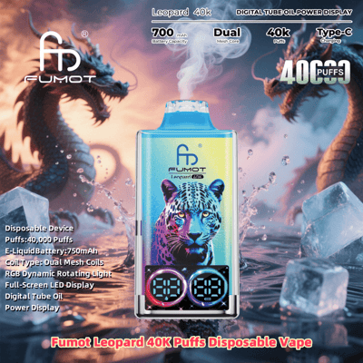 Image publicitaire pour la vape jetable Fumot Leopard 40K Puffs avec un design léopard coloré, un affichage numérique, des bobines à double maille et une capacité de batterie de 700 mAh sur fond de dragons et d'éléments glacés.