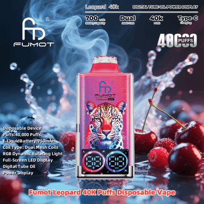 Image promotionnelle d'une vape jetable Fumot Leopard 40K Puffs avec un design léopard, une lumière dynamique RVB et un affichage numérique, entouré de cerises et d'un fond fumé.