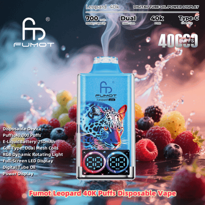 Image promotionnelle pour la vape jetable Fumot Leopard 40K Puffs, présentant un appareil de vape bleu avec un design léopard coloré, entouré de baies fraîches et de fumée, et un texte mettant en évidence des fonctionnalités telles que 40 000 bouffées, une batterie de 700 mAh, des lumières RVB et une charge de type C.
