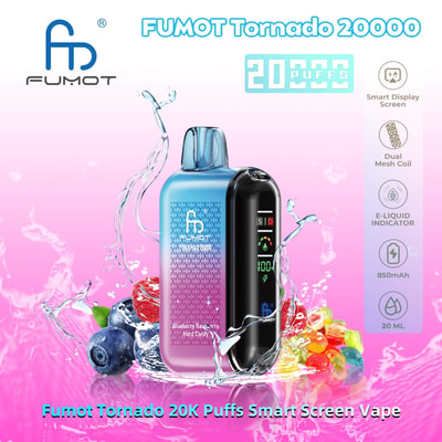 Image promotionnelle de l'appareil de vapotage FUMOT Tornado 20000 doté d'un écran d'affichage intelligent, d'une bobine à double maille, d'un indicateur d'e-liquide et d'une batterie de 850 mAh sur un fond rose avec des éclaboussures d'eau et des fruits, soulignant sa capacité de 20 000 bouffées.
