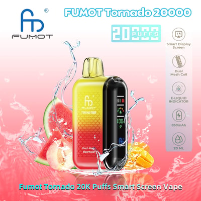 Image publicitaire pour le Fumot Tornado 20000, un appareil de vapotage à écran intelligent doté de 20 000 bouffées, d'une bobine à double maille, d'un indicateur de liquide électronique et d'une batterie de 850 mAh, avec des visuels de tranches de pêche et de pastèque sur fond rose.
