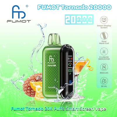 Image promotionnelle de l'appareil de vapotage FUMOT Tornado 20000 en vert, avec son écran d'affichage intelligent et mettant en évidence des spécifications telles que 20 000 bouffées, une bobine à double maille, un indicateur E-LIQUID, une batterie de 850 mAh et une capacité de 20 ml avec un fond de fruits vibrants et une touche de liquide.