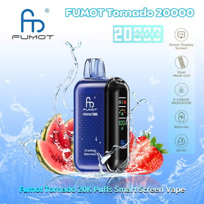 Image promotionnelle de la vape FUMOT Tornado 20000 en bleu, présentant des fonctionnalités telles que 20 000 bouffées, un écran d'affichage intelligent, une bobine à double maille, un indicateur d'e-liquide, une batterie de 850 mAh et une capacité de 20 ml, avec des fraises et des tranches de pastèque en arrière-plan.