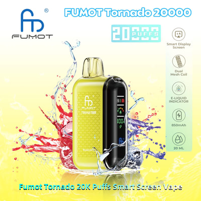 Image promotionnelle pour la vape Fumot Tornado 20000, présentant des fonctionnalités telles que 20 000 bouffées, un écran d'affichage intelligent, une bobine à double maille, un indicateur d'e-liquide, 850 mAh et une capacité de 20 ml sur un fond d'éclaboussures d'eau jaune.