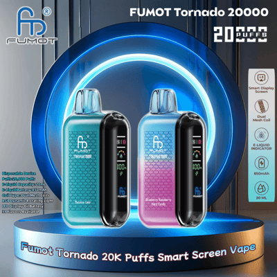 Image promotionnelle pour FUMOT Tornado 20K Puffs Smart Screen Vape montrant deux appareils colorés avec écran LED, mettant en évidence des fonctionnalités telles que l'utilisation jetable, 20 000 bouffées, une capacité d'e-liquide de 20 ml, une bobine à double maille et une batterie de 850 mAh.