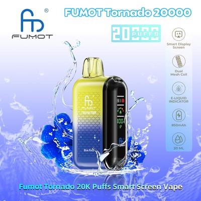 Image promotionnelle pour la vape FUMOT Tornado 20000 au goût Blue Razz, mettant en évidence des fonctionnalités telles qu'un écran d'affichage intelligent, une bobine à double maille, un indicateur d'e-liquide et une capacité de 20 000 bouffées avec une batterie de 850 mAh et un volume de liquide de 20 ml.