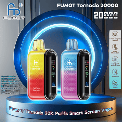 Image promotionnelle présentant deux vapes jetables FUMOT Tornado 20000, l'une en jaune et rouge étiquetée « Peach Mango Watermelon » et l'autre en bleu et violet étiquetée « Blueberry Raspberry x Hard Candy », toutes deux présentant un écran d'affichage intelligent à LED et annoncées pour une capacité de 20 000 bouffées.