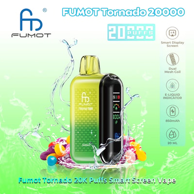 Une image promotionnelle pour la vape FUMOT Tornado 20000, présentant un appareil vert et noir avec un écran intelligent, entouré d'éclaboussures d'eau et de bonbons colorés ; le texte met en évidence les principales caractéristiques telles que 20 000 bouffées, une bobine à double maille et une batterie de 850 mAh.