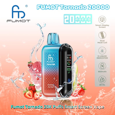 Image promotionnelle pour la vape FUMOT Tornado 20000 présentant un appareil bleu et rouge avec un écran d'affichage intelligent et étiqueté pour la saveur de crème glacée à la fraise, entouré d'éclaboussures d'eau et de fraises.